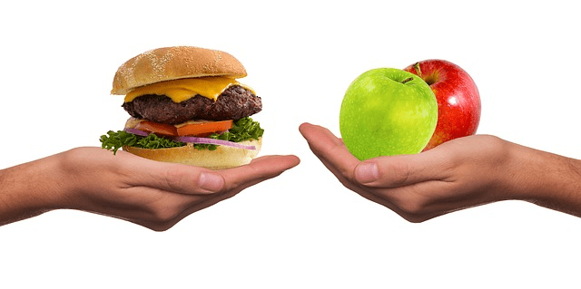 What is picture of burger and apples