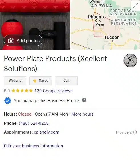 Xcellent Solutions Google business page for power plate, mary ruth organics and health and wellness and more